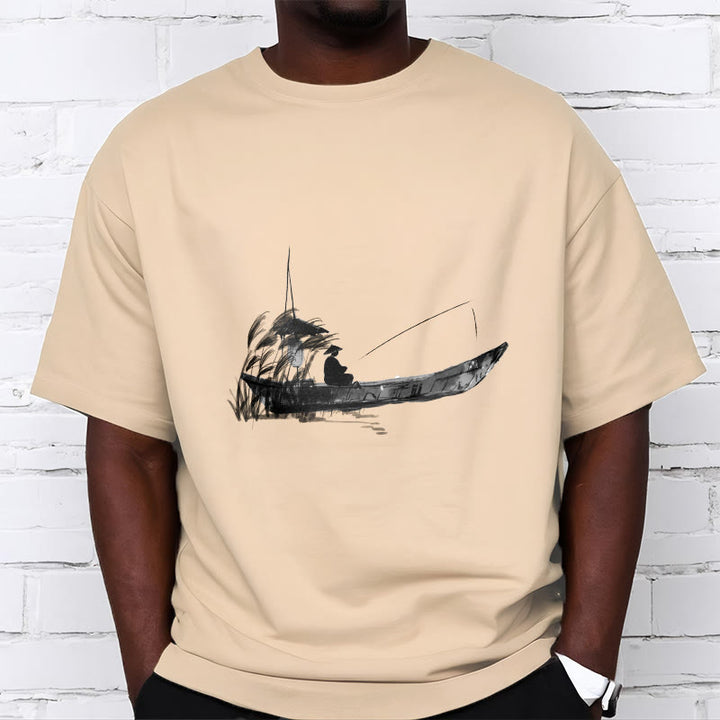 Buddha Stones Boat Fishing Grass Pattern Cotton Tee T-shirt - image 8