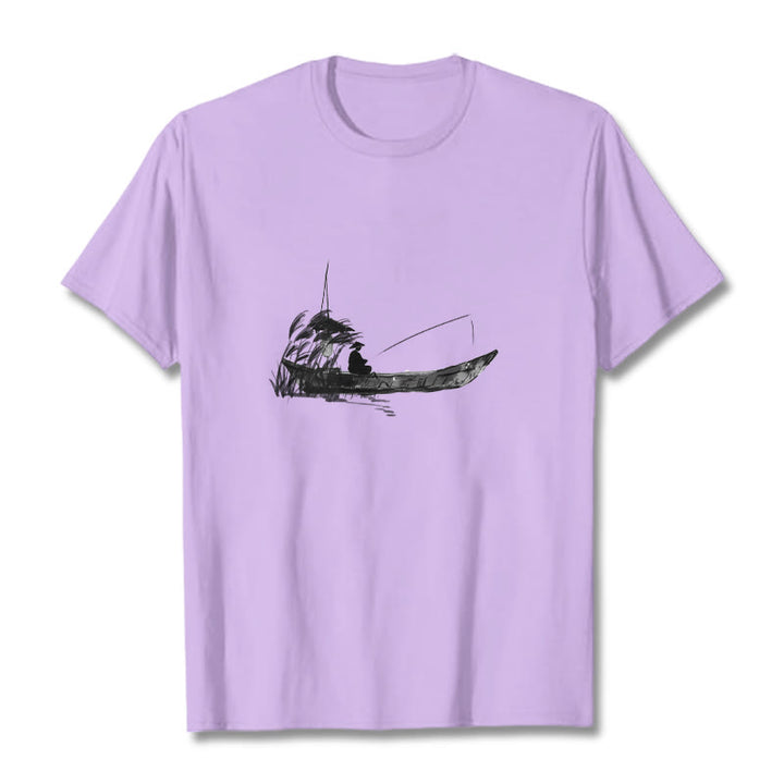 Buddha Stones Boat Fishing Grass Pattern Cotton Tee T-shirt - Plum - 2XL - image 9