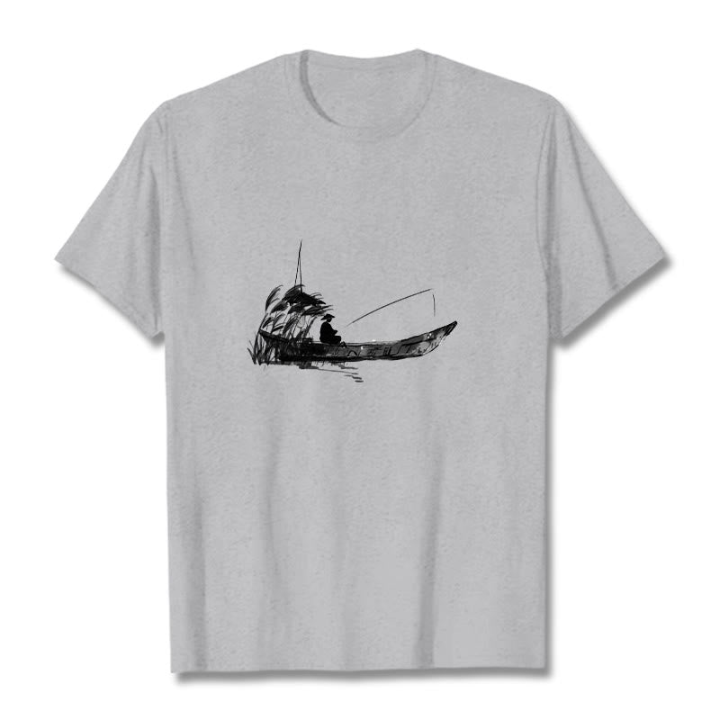 Buddha Stones Boat Fishing Grass Pattern Cotton Tee T-shirt - LightGrey - 2XL - image 0