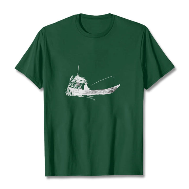 Buddha Stones Boat Fishing Grass Pattern Cotton Tee T-shirt - ForestGreen - 2XL - image 2