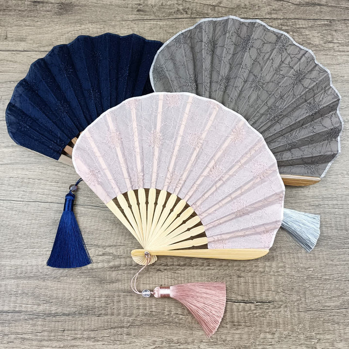 Buddha Stones Retro Large Flower Embroidery Shell Shape Tassels Handheld Bamboo Folding Fan - image 14
