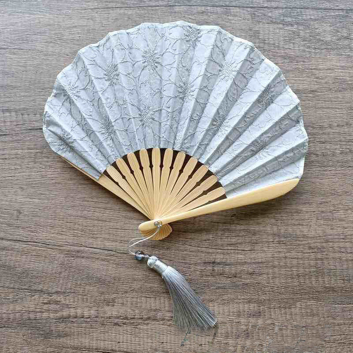 Buddha Stones Retro Large Flower Embroidery Shell Shape Tassels Handheld Bamboo Folding Fan - CornflowerBlue Flowers 21cm - image 9