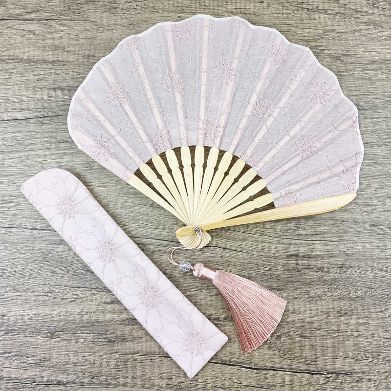 Buddha Stones Retro Large Flower Embroidery Shell Shape Tassels Handheld Bamboo Folding Fan - Pink Flowers 21cm - image 5