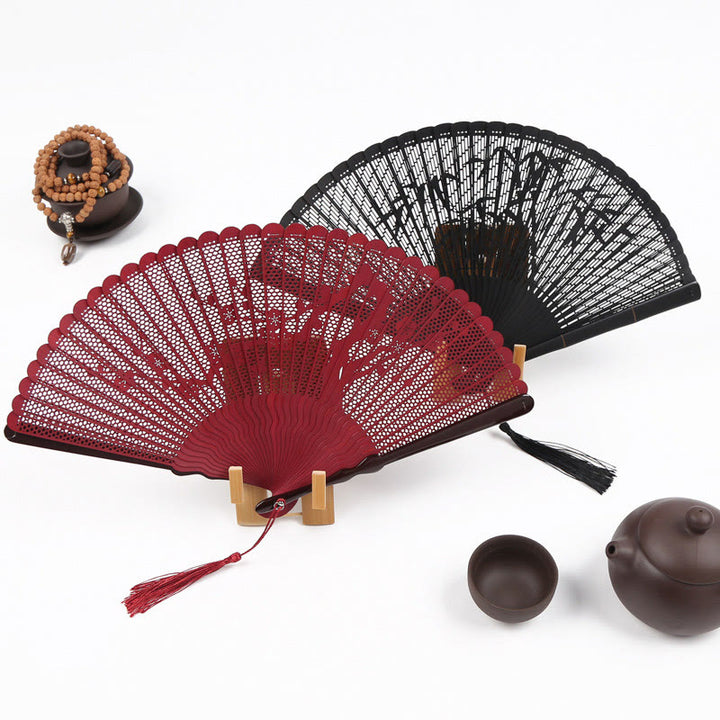 Buddha Stones Retro Bamboo Hollow Engraving Handheld Bamboo Folding Fan - image 2