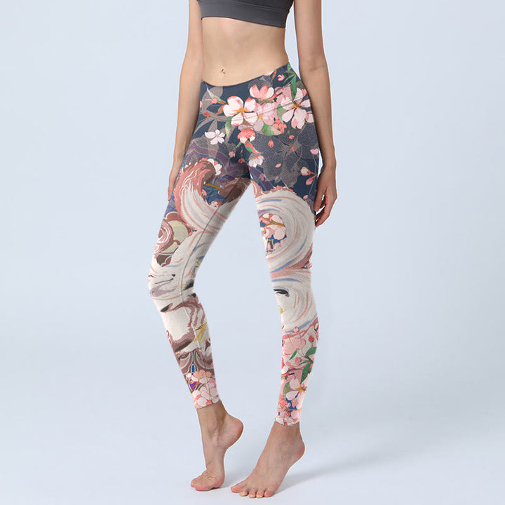 Buddha Stones Fox Cherry Blossoms Gym Leggings Women's Yoga Pants - MidnightBlue - US18，UK/AU22，EU50 (4XL) - image 0
