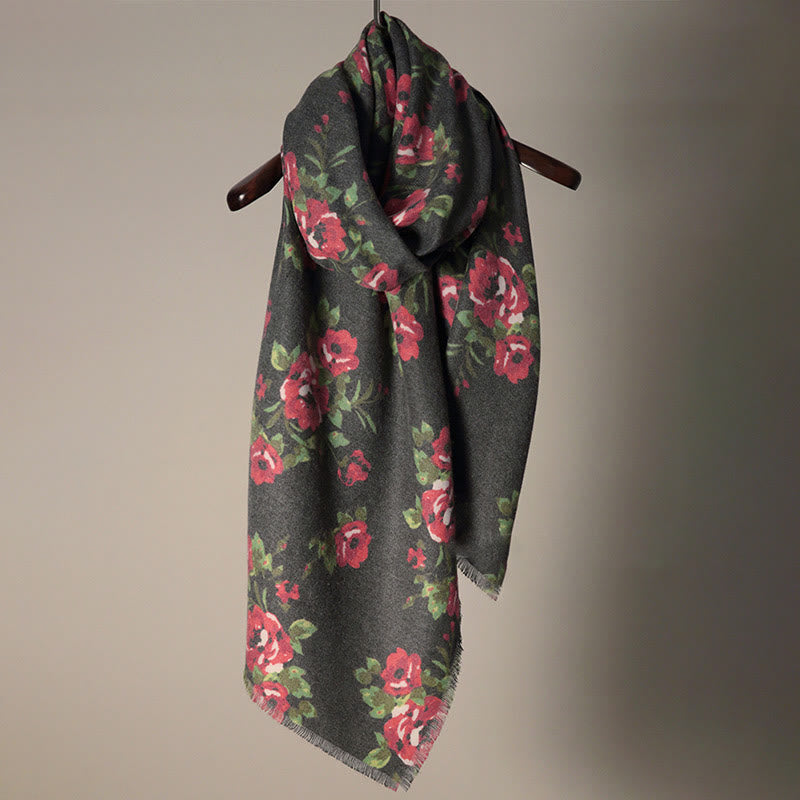 Buddha Stones Tibetan Rose Flower Garden Shawl Fall Winter Cozy Scarf Wrap  - Gray Red 200*60cm - image 0