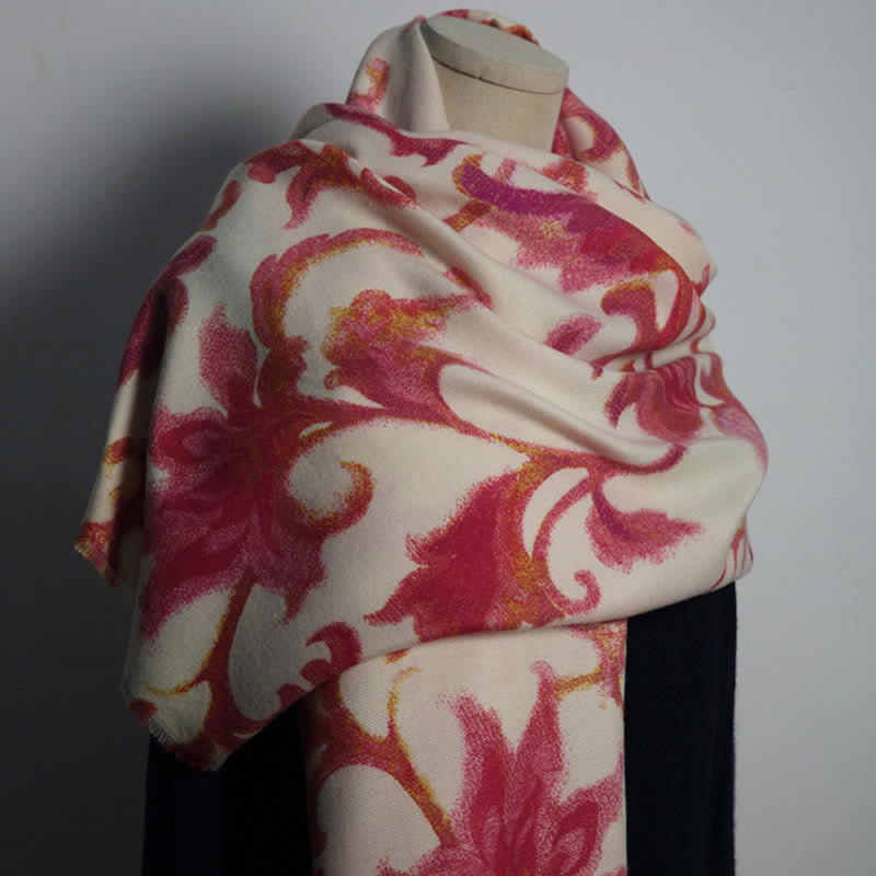 Buddha Stones Tibetan Red Flower Print Shawl Fall Winter Soft Warm Scarf Wrap - Beige Red 192*65cm - image 0