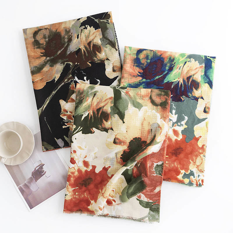 Buddha Stones Tibetan Chinese Retro Ink Painting Flower Print Shawl Fall Winter Cozy Warm Scarf Wrap - image 1