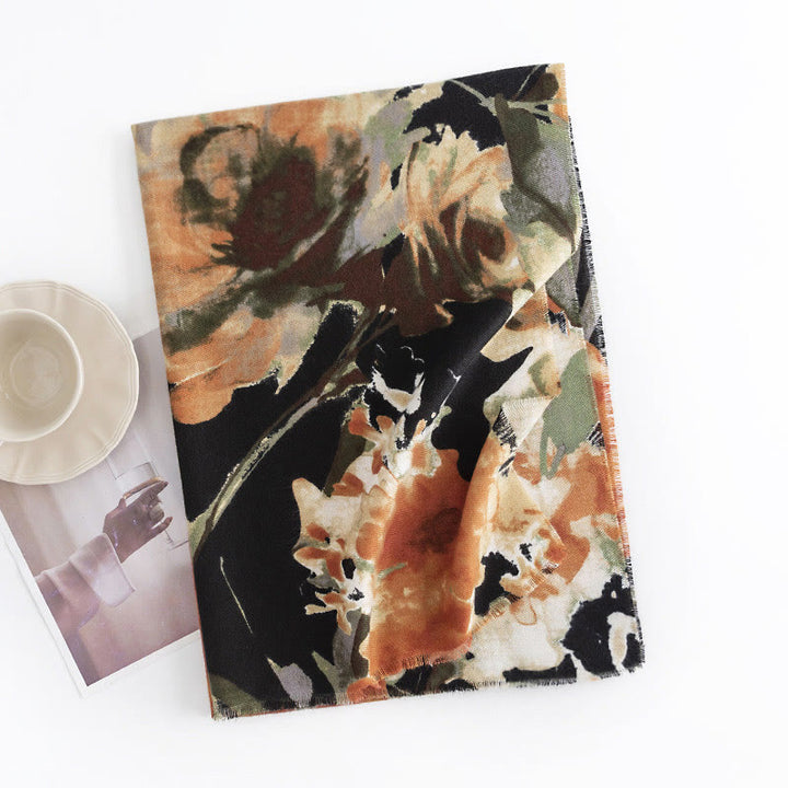 Buddha Stones Tibetan Chinese Retro Ink Painting Flower Print Shawl Fall Winter Cozy Warm Scarf Wrap - Black 190*65cm - image 10