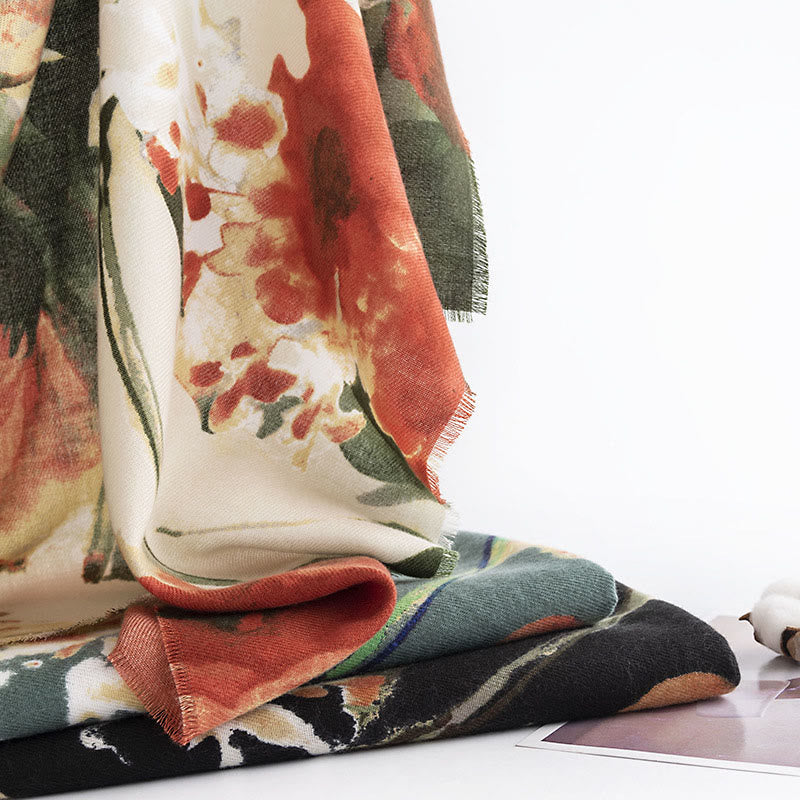 Buddha Stones Tibetan Chinese Retro Ink Painting Flower Print Shawl Fall Winter Cozy Warm Scarf Wrap - image 13