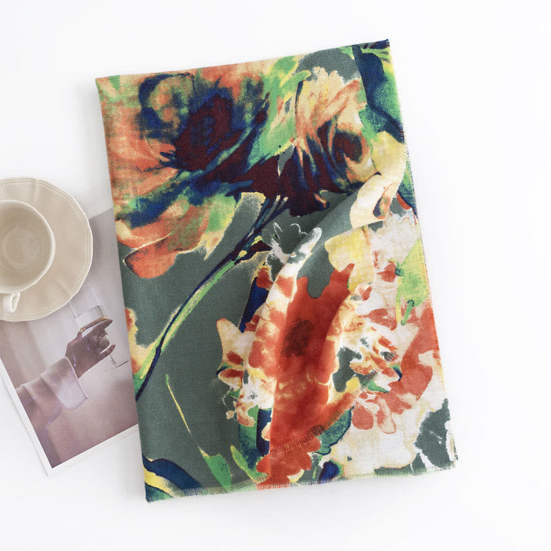 Buddha Stones Tibetan Chinese Retro Ink Painting Flower Print Shawl Fall Winter Cozy Warm Scarf Wrap - image 2