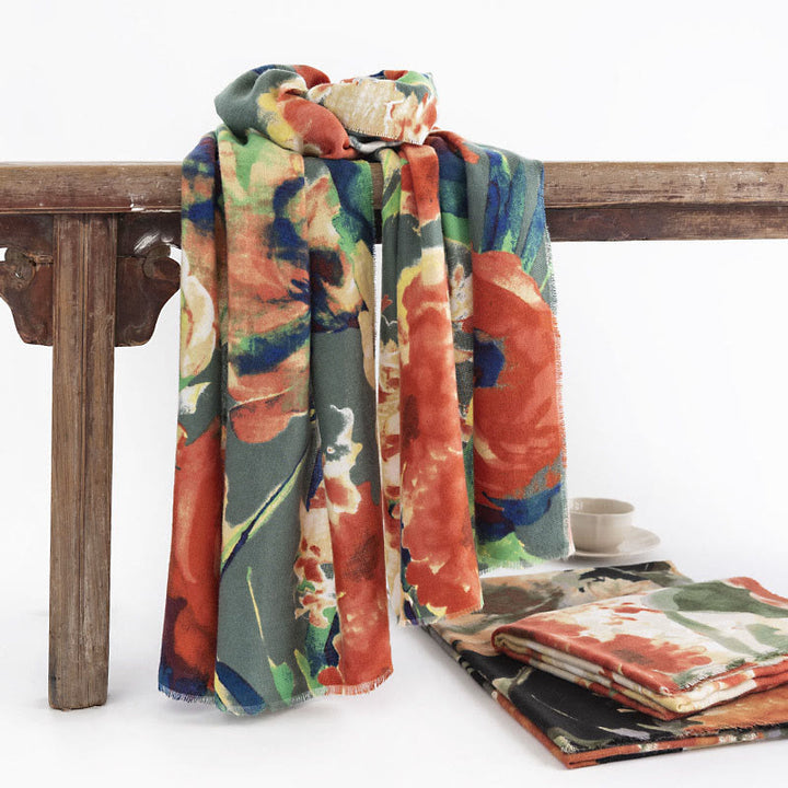 Buddha Stones Tibetan Chinese Retro Ink Painting Flower Print Shawl Fall Winter Cozy Warm Scarf Wrap - MediumSeaGreen 190*65cm - image 0