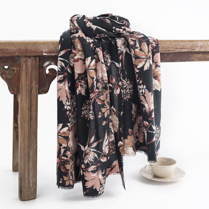 Buddha Stones Tibetan Blooming Chrysanthemum Rose Flower Print Shawl Fall Winter Soft Warm Scarf Wrap - Black 190*65cm - image 0