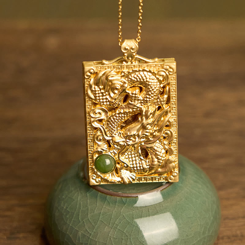 Buddha Stones Dragon Gold Plated Copper Hetian Jade Strength Necklace Pendant - image 1