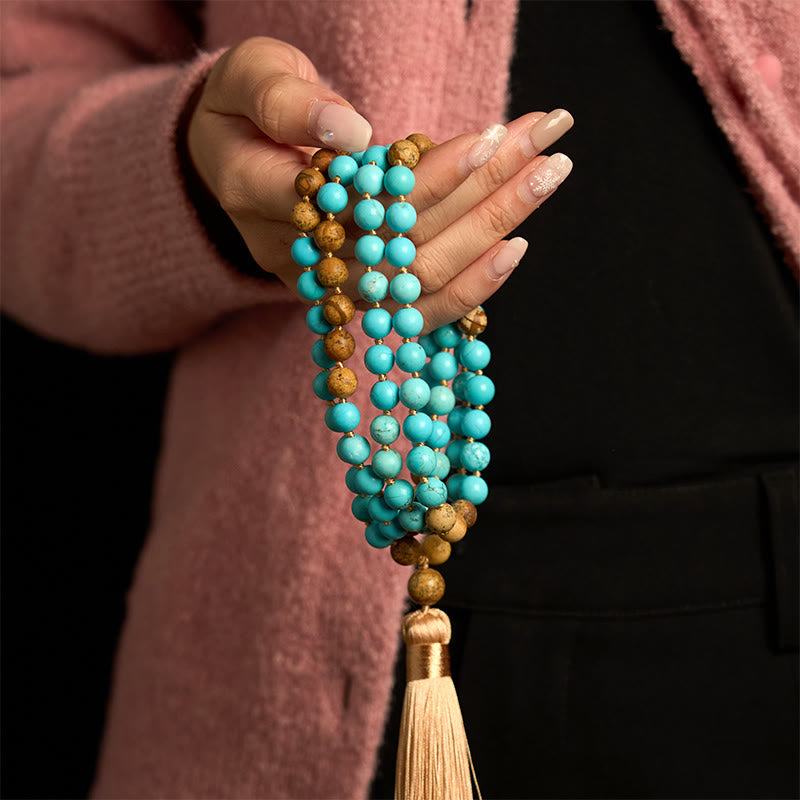 Buddha Stones 108 Mala Beads Turquoise Picture Jasper Bead Tassel Balance Bracelet - image 3