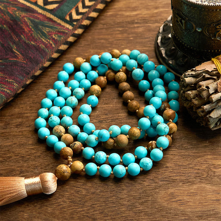 Buddha Stones 108 Mala Beads Turquoise Picture Jasper Bead Tassel Balance Bracelet - Turquoise Picture Jasper Bead(Total Length: 90cm) - image 0