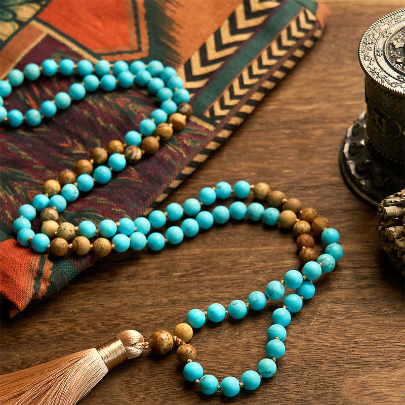Buddha Stones 108 Mala Beads Turquoise Picture Jasper Bead Tassel Balance Bracelet - image 4