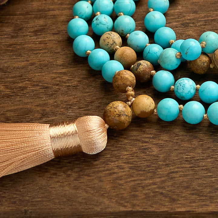 Buddha Stones 108 Mala Beads Turquoise Picture Jasper Bead Tassel Balance Bracelet - image 6