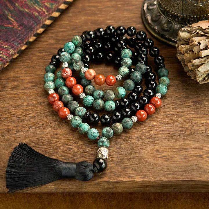 Buddha Stones 108 Mala Natural Black Onyx Red Jasper Turquoise Beads Buddha Head Tassel Protection Bracelet - 8mm Black Onyx Red Jasper Turquoise Bead - image 0