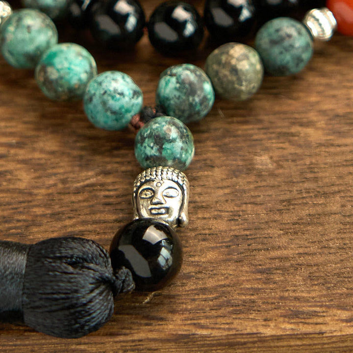 Buddha Stones 108 Mala Natural Black Onyx Red Jasper Turquoise Beads Buddha Head Tassel Protection Bracelet - image 6