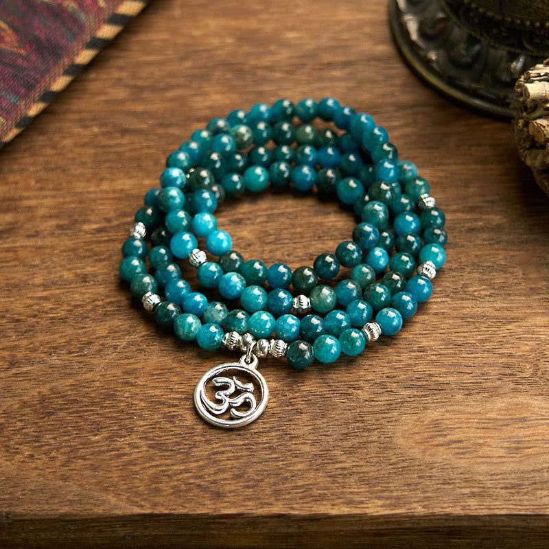 Buddha Stones 108 Mala Beads Apatite Bead Om The Tree Of Life Lotus Buddha Bracelet - Apatite-OM - image 0
