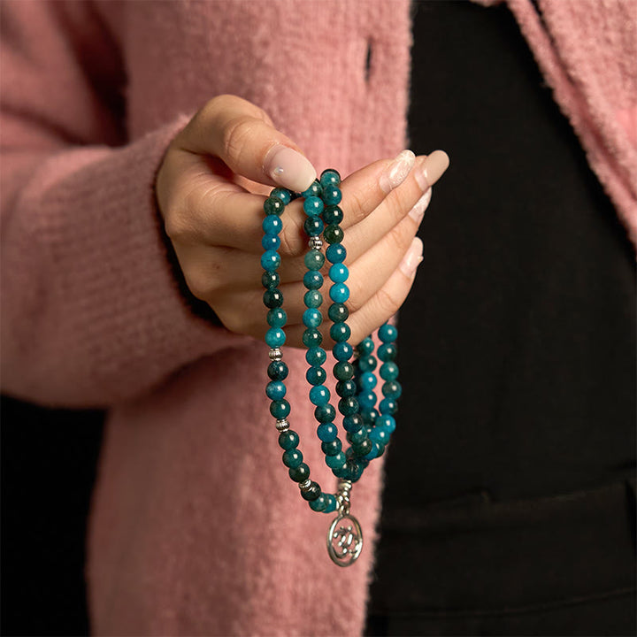 Buddha Stones 108 Mala Beads Apatite Bead Om The Tree Of Life Lotus Buddha Bracelet - image 1