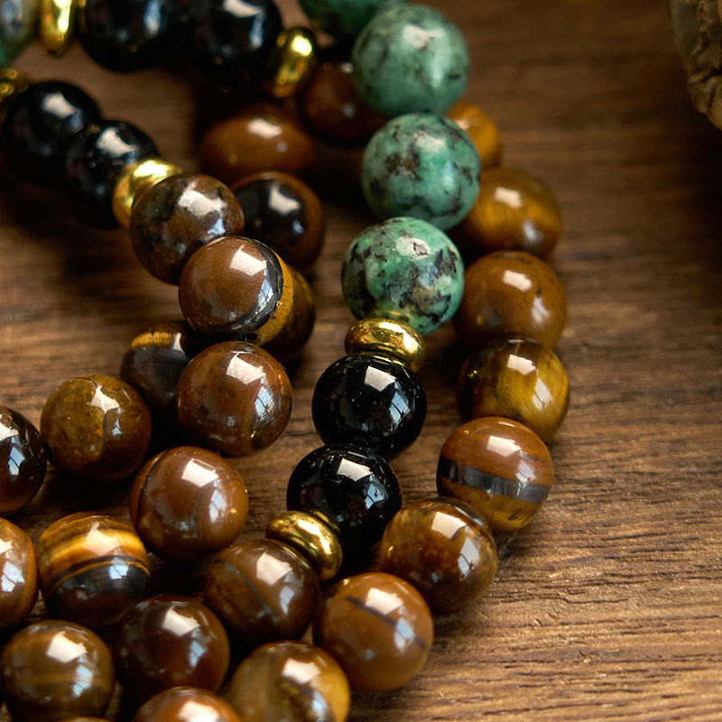 Buddha Stones 108 Mala Natural Stone Tiger Eye Turquoise Beads Tassel Protection Bracelet - image 4