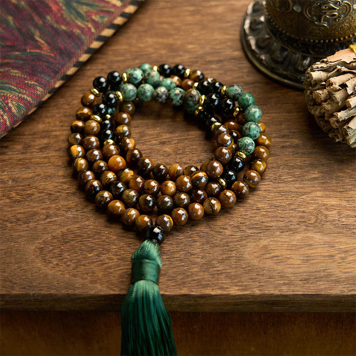 Buddha Stones 108 Mala Natural Stone Tiger Eye Turquoise Beads Tassel Protection Bracelet - 8mm Tiger Eye Bead - image 0