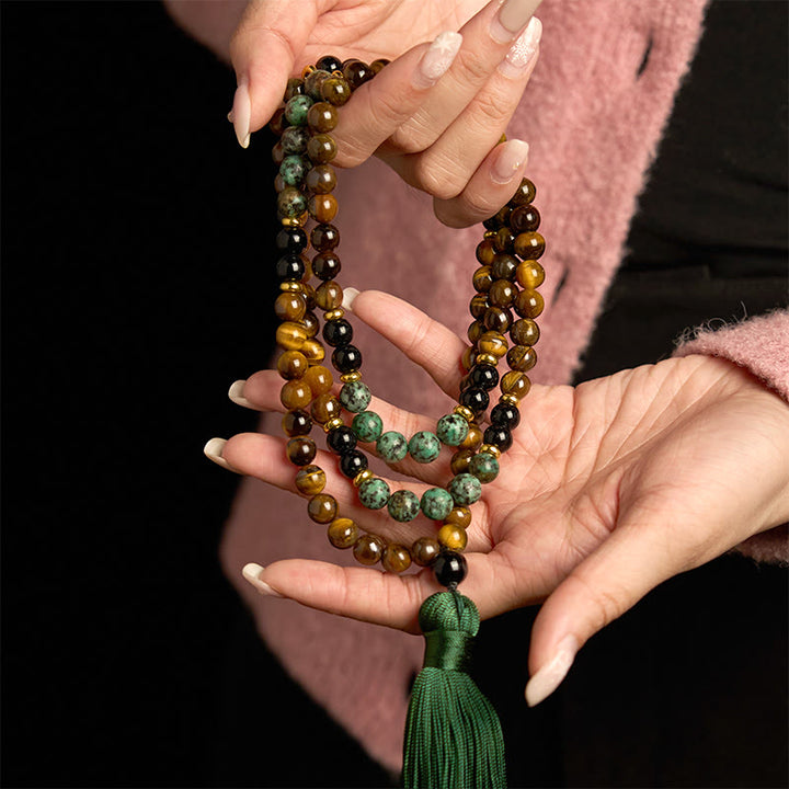 Buddha Stones 108 Mala Natural Stone Tiger Eye Turquoise Beads Tassel Protection Bracelet - image 2