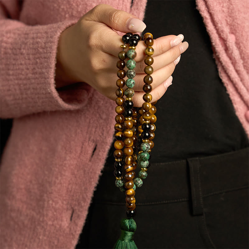 Buddha Stones 108 Mala Natural Stone Tiger Eye Turquoise Beads Tassel Protection Bracelet - image 3