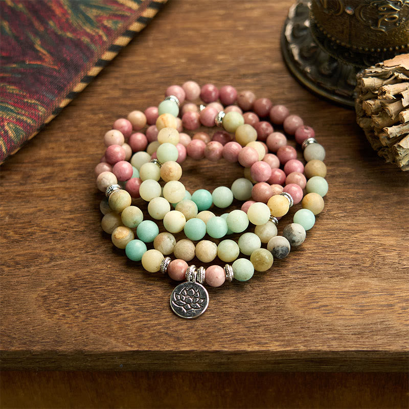 Buddha Stones 108 Mala Rhodonite Amazonite Beads Lotus Compassion Bracelet - 8mm Rhodonite Amazonite Bead - image 0
