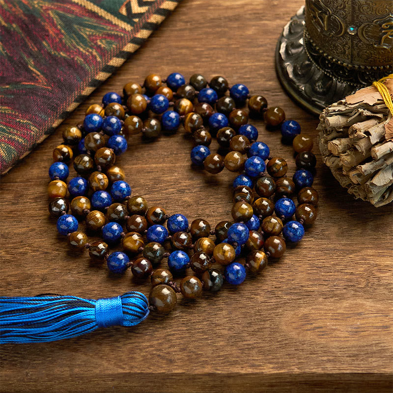 Buddha Stones 108 Beads Natural Stone Tiger Eye Lazurite Mala Tassel Protection Bracelet - 8mm Tiger Eye Lazurite Bead - image 0