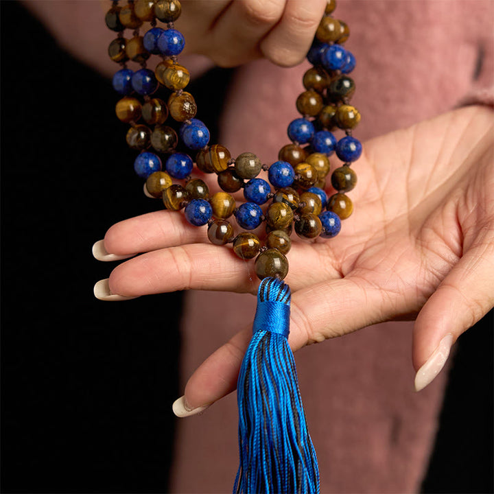 Buddha Stones 108 Beads Natural Stone Tiger Eye Lazurite Lapis Lazuli Mala Tassel Protection Bracelet - image 4