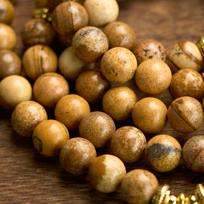 Buddha Stones 108 Beads Picture Jasper Mala Lotus Courage Bracelet - image 5