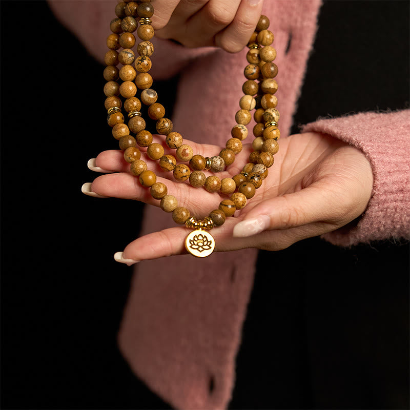 Buddha Stones 108 Beads Picture Jasper Mala Lotus Courage Bracelet - image 4