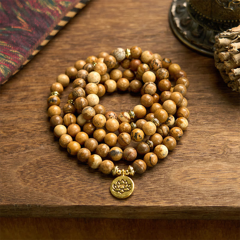 Buddha Stones 108 Beads Picture Jasper Mala Lotus Courage Bracelet - 8mm Picture Jasper  - image 0