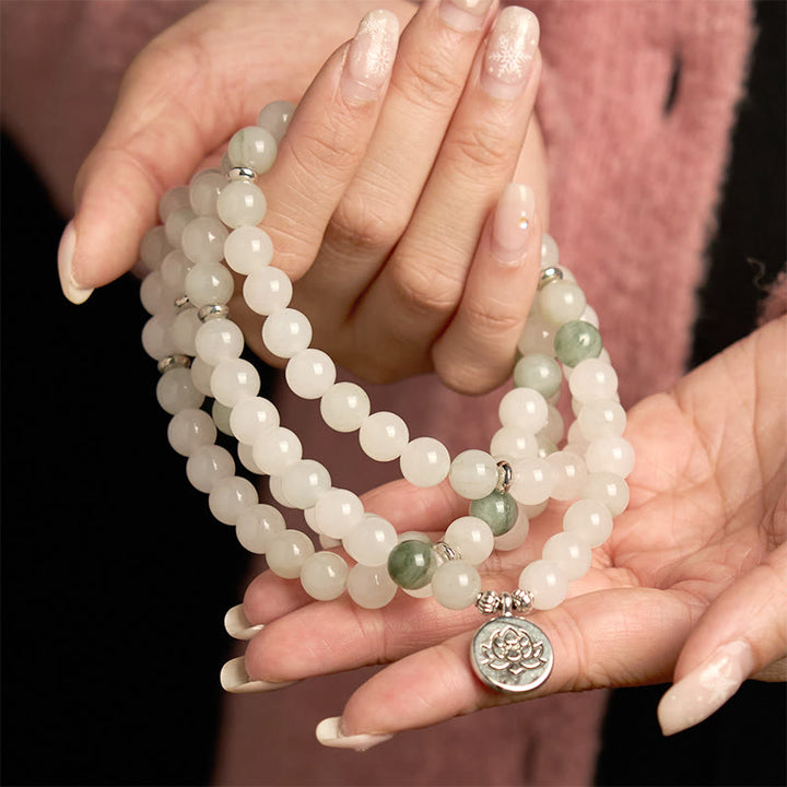 Buddha Stones 108 Mala Beads Natural Tianshan Jade Lotus Luck Bracelet - image 3