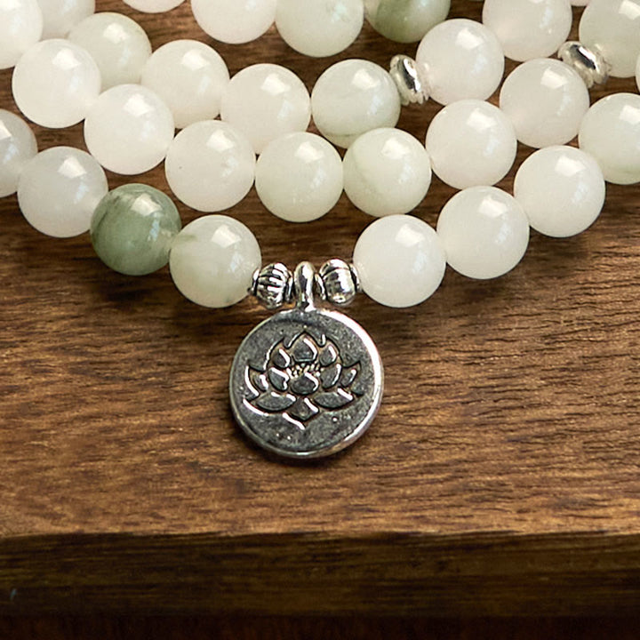 Buddha Stones 108 Mala Beads Natural Tianshan Jade Lotus Luck Bracelet - image 7