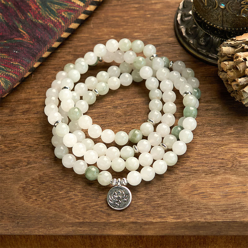 Buddha Stones 108 Mala Beads Natural Tianshan Jade Lotus Luck Bracelet - Tianshan jade(Wrist Circumference: 14-16cm) - image 0