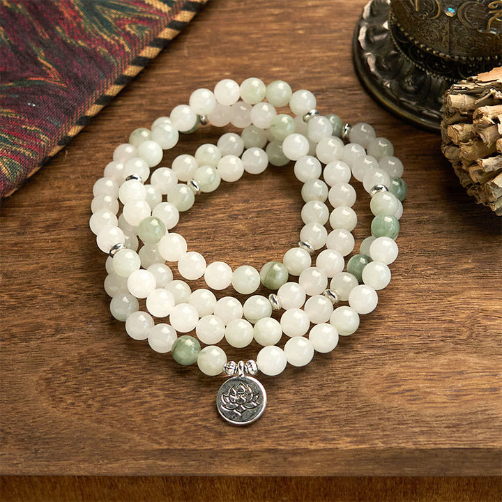 Buddha Stones 108 Mala Beads Natural Tianshan Jade Lotus Luck Bracelet - Tianshan jade(Wrist Circumference: 14-16cm) - image 0