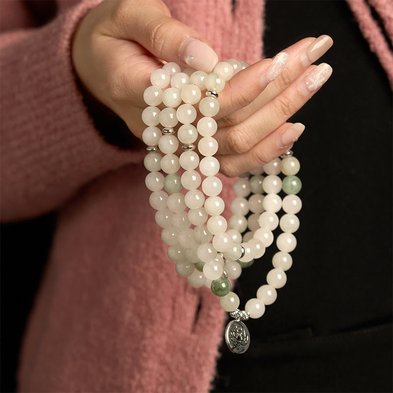 Buddha Stones 108 Mala Beads Natural Tianshan Jade Lotus Luck Bracelet - image 2