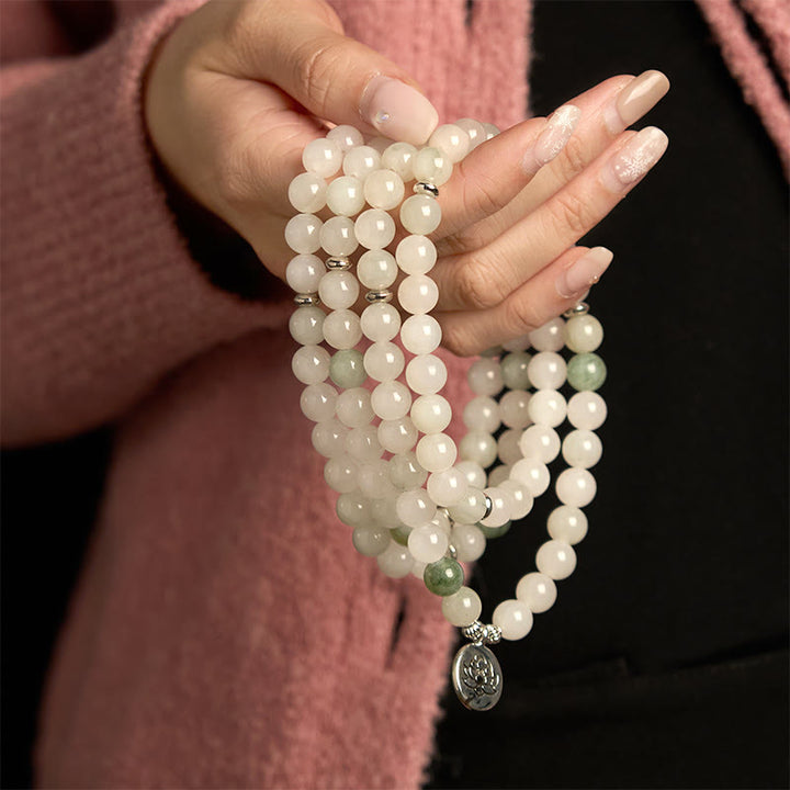 Buddha Stones 108 Mala Beads Natural Tianshan Jade Lotus Luck Bracelet - image 2