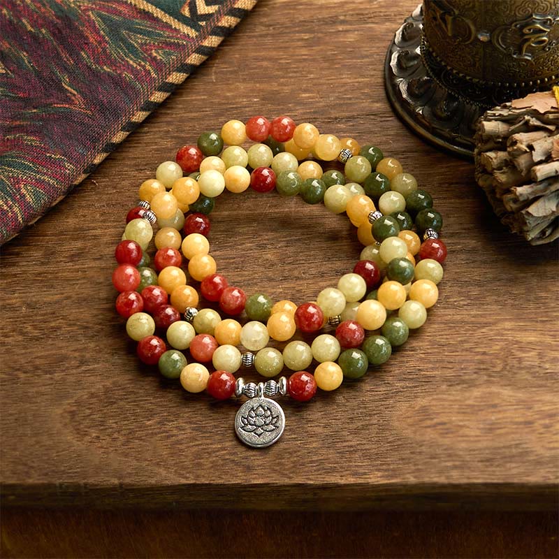 Buddha Stones 108 Mala Beads Natural Colored Stone Topaz Red Jasper Green Jasper Lotus Protection Bracelet - Topaz&Red Jasper&Green Jasper(Wrist Circumference: 14-16cm) - image 0