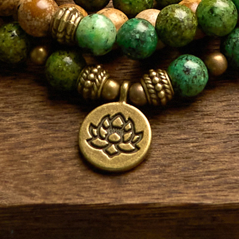 Buddha Stones 108 Mala Beads Natural Stone Picture Jasper Turquoise Lotus Positive Bracelet - image 7