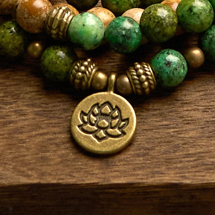 Buddha Stones 108 Mala Beads Natural Stone Picture Jasper Turquoise Lotus Positive Bracelet - image 7