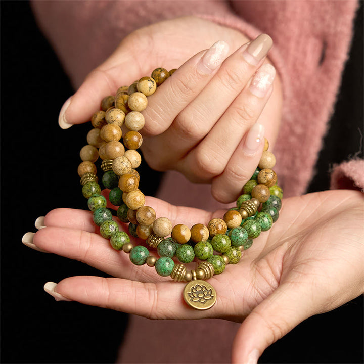 Buddha Stones 108 Mala Beads Natural Stone Picture Jasper Turquoise Lotus Positive Bracelet - image 4