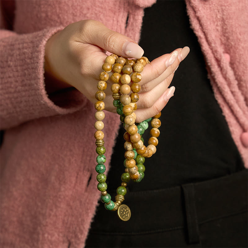 Buddha Stones 108 Mala Beads Natural Stone Picture Jasper Turquoise Lotus Positive Bracelet - image 2