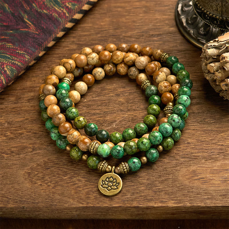 Buddha Stones 108 Mala Beads Natural Stone Picture Jasper Turquoise Lotus Positive Bracelet - Picture Jasper&Turquoise(Wrist Circumference: 14-16cm) - image 0