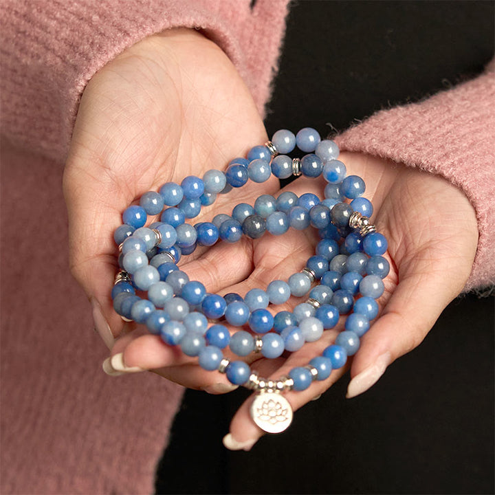 Buddha Stones 108 Mala Beads Multi-layer Natural Blue Aventurine Lotus Calm Bracelet - image 5