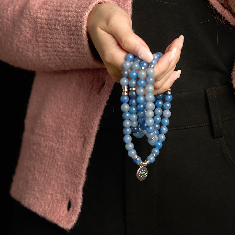 Buddha Stones 108 Mala Beads Multi-layer Natural Blue Aventurine Lotus Calm Bracelet - image 6